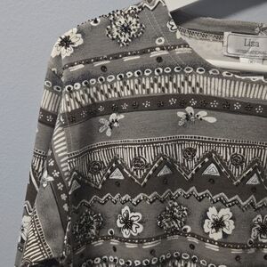 Lisa International Brown Tan White Patterned Blouse With Beaded Flare Size M